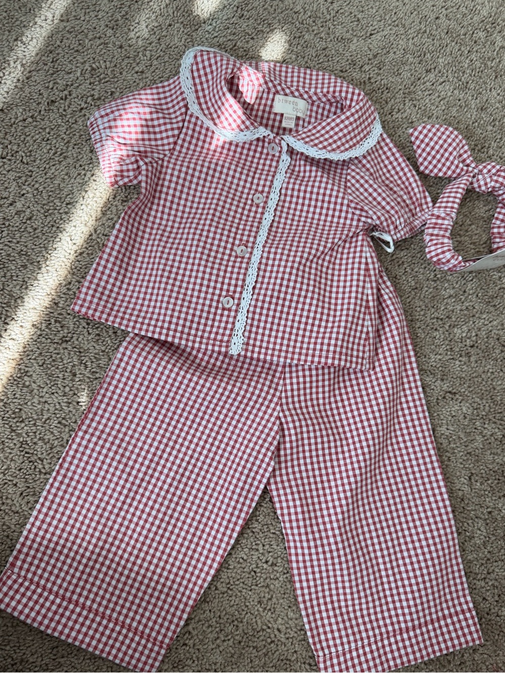 Red Gingham Kids 3 piece Set with Lace Trim including headband